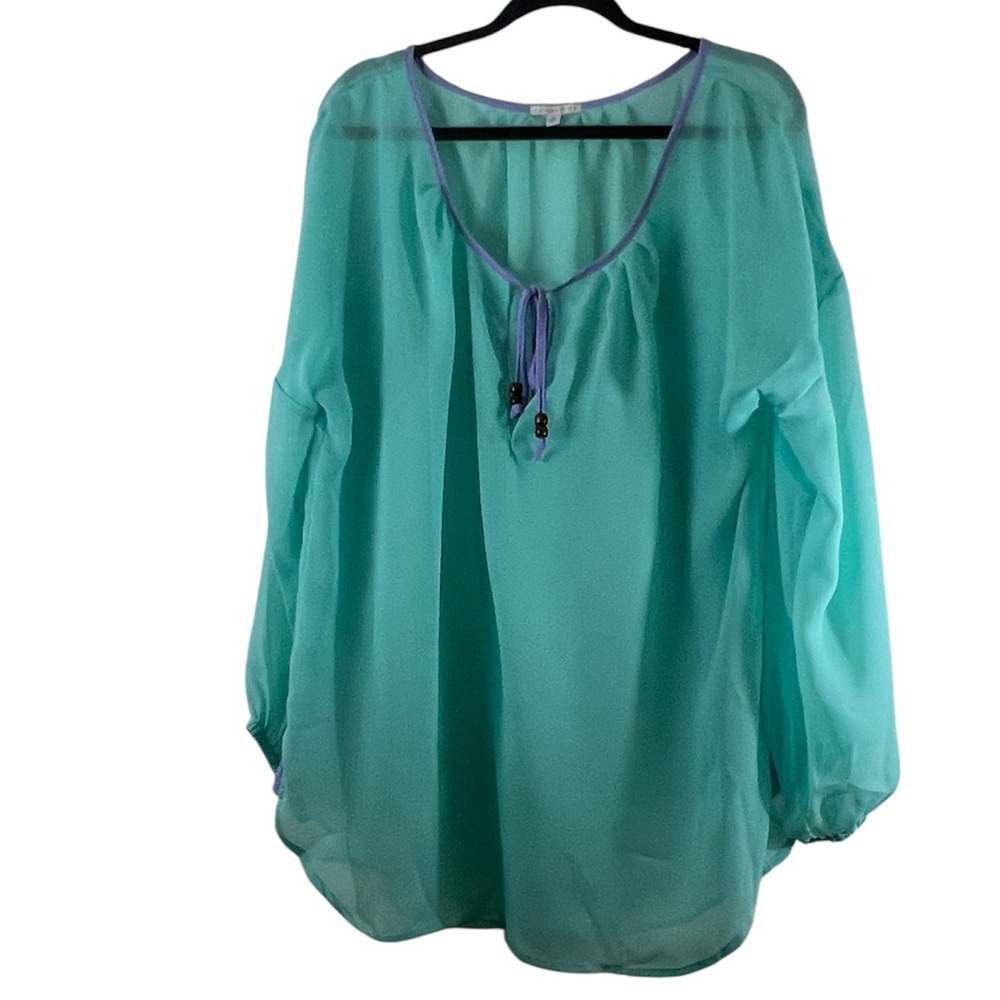 Plus Size Women’s Teal Blouse with Purple Trim and Beads Size 1X by Larsen Gray